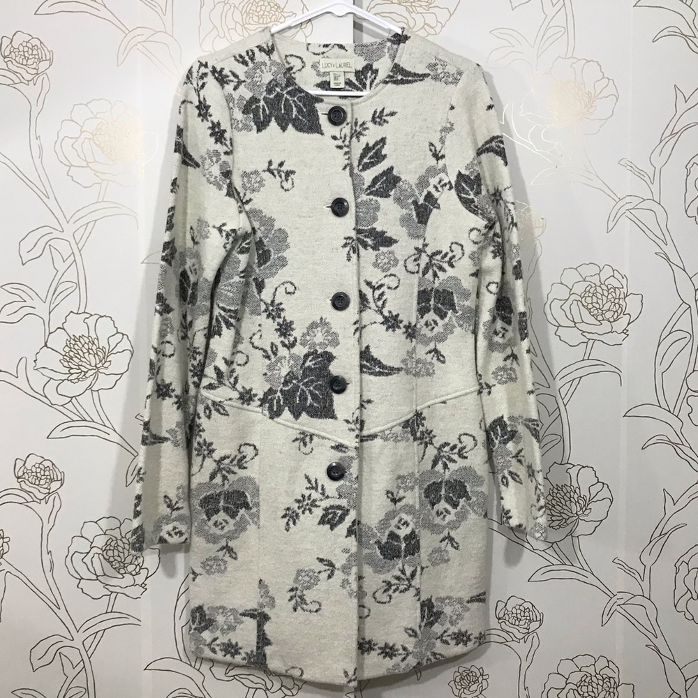 Lucy & Laurel Whit Gray Leaf Print Wool Jacket - image 1